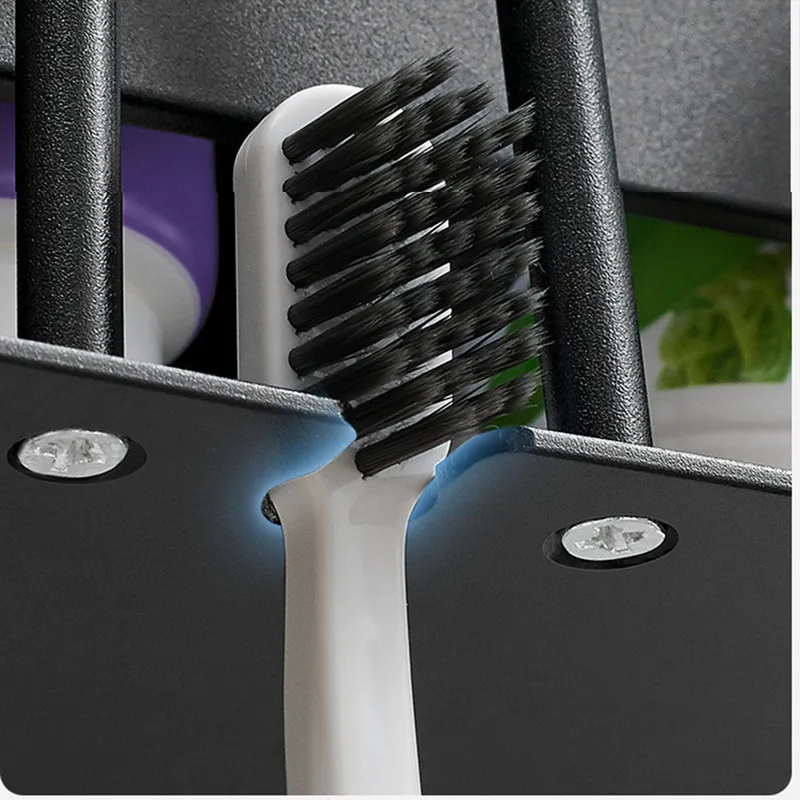 Portaspazzolino Da Bagno In Metallo Nero Con 4 Slot E 2 Bicchieri, Organizer Da Piano Con Vassoio Drenaggio - 3