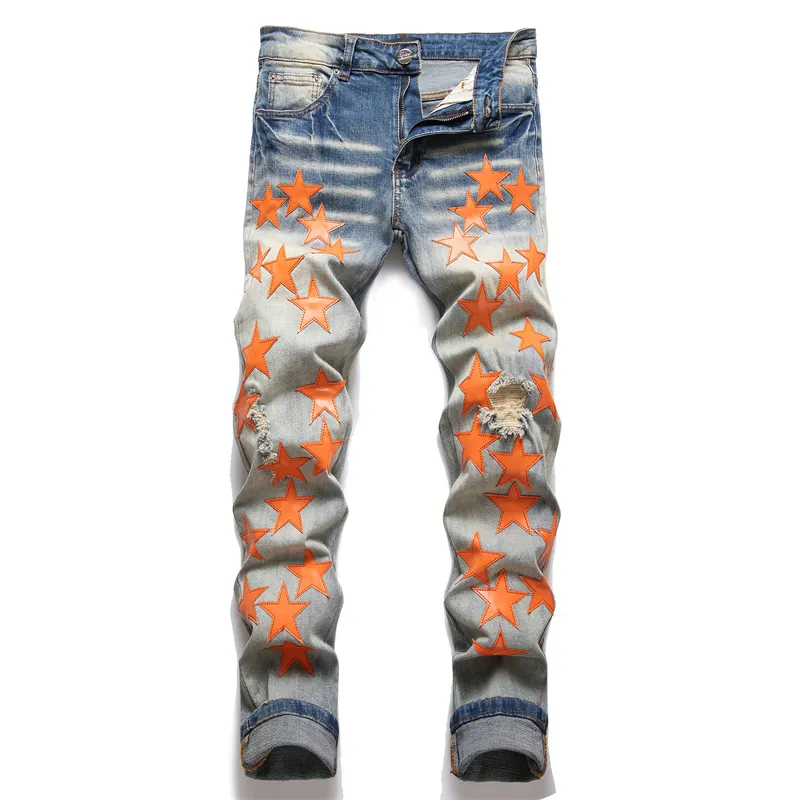 Herenjeans Europese Jean Hombre Letter Star Mannen Borduren Patchwork Ripped Voor Trend Merk Motorbroek Heren Skinny 3322