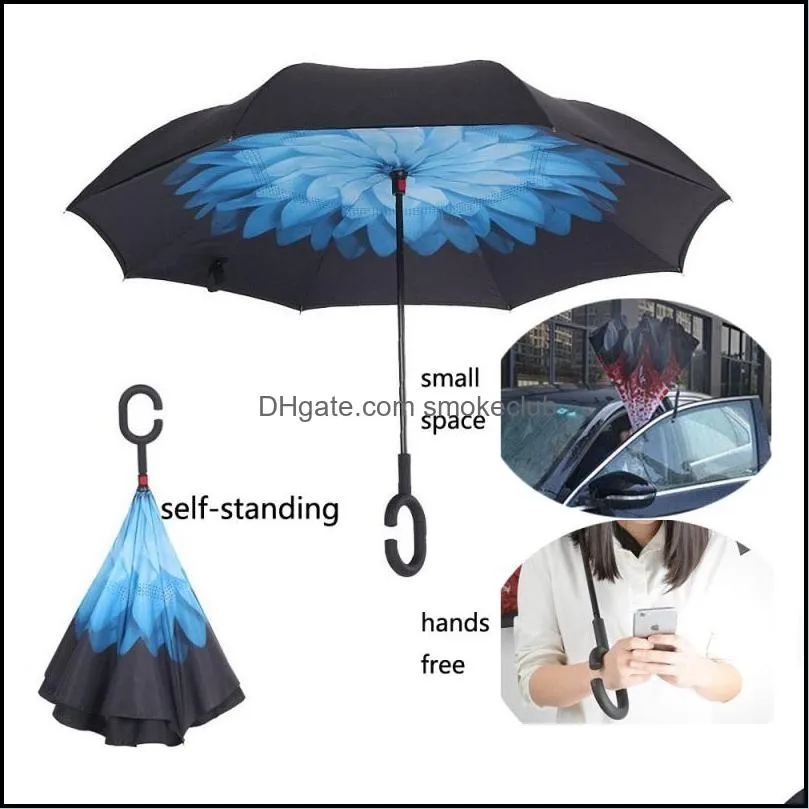 UV Protection Umbrella C-Hook Hands Folding Double Layer Inverted Chuva Umbrella Self Stand Inside Out Rain Windproof