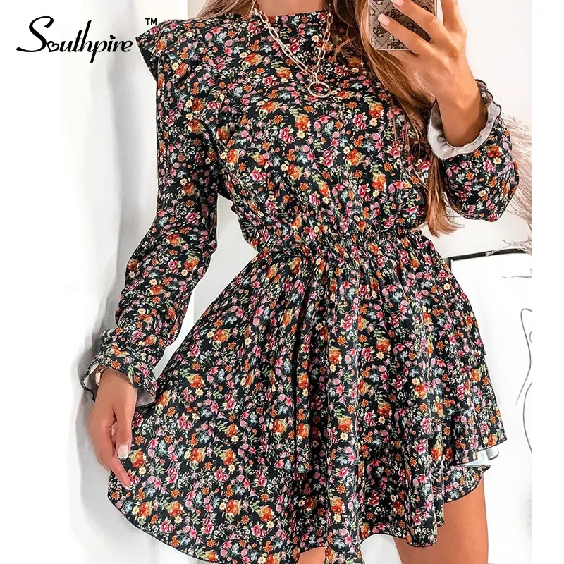 Southpire O-Neck A-Line Black Flower Print Vintage Dress Długi Rękaw Wzburzyć Mini Summer Casual Daily Party Odzież 220331