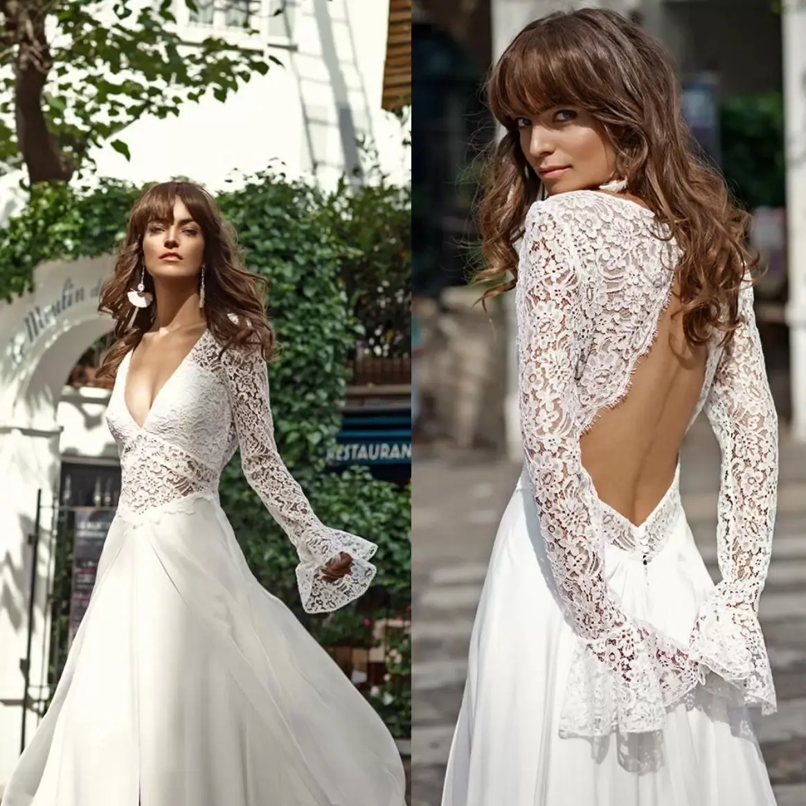 Nouvelle Arrivée Sexy A-ligne Robes De Mariée Col En V À Manches Longues En Dentelle Appliques Robes De Mariée Dos Nu Balayage Train Robe De Mariée Vestidos