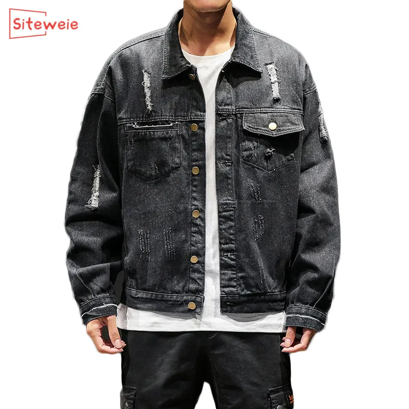 SITEWEIE Denim Veste Hommes Trou Moto Cool Manteau Streetwear Hip Hop Bomber Cowboy Jean Vêtements G466 201105