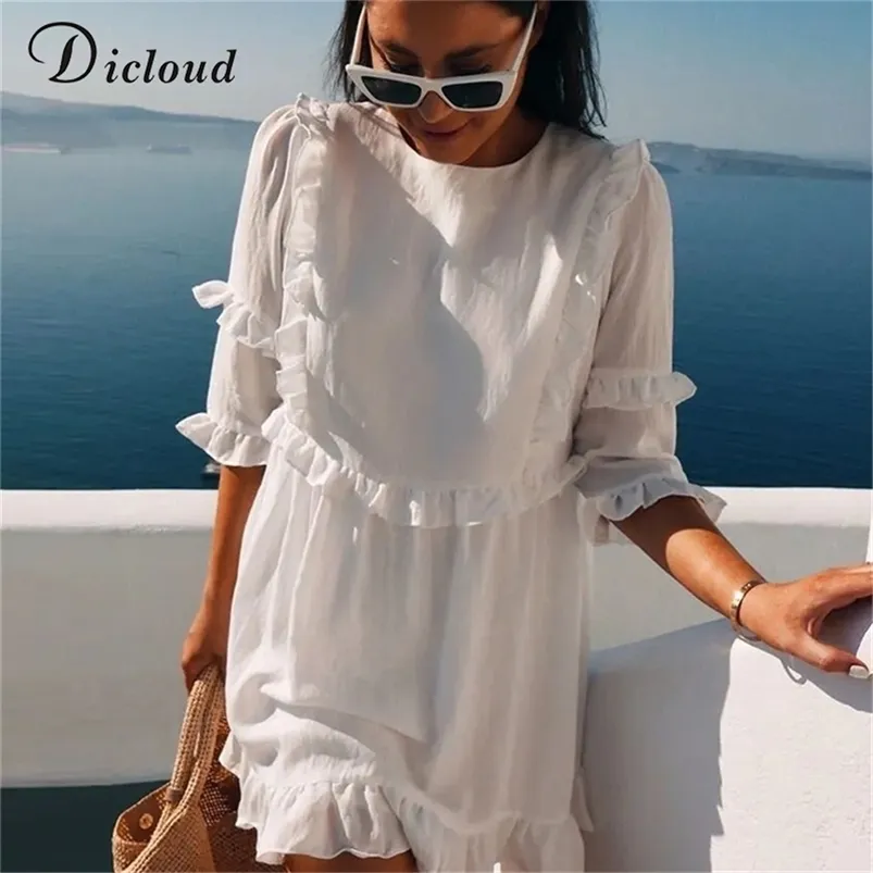 Dicloud Women Women White Mini Ruffle Vestido de Verão Mulheres Manga Curta Black Solid Sold Sold Sold Beach Tunic Ladies Clothing LJ200808