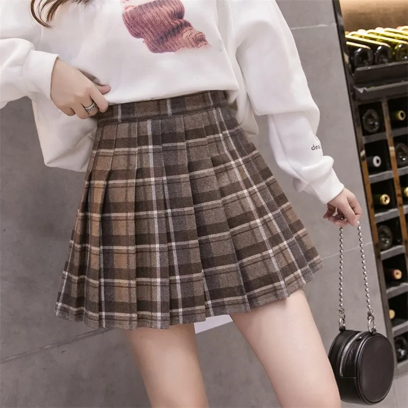 Women's Plaid Pleated Woolen A-line Mini Skirt High Waist Sweet Female Short s Winter Autumn Girls Preppy Style 220317