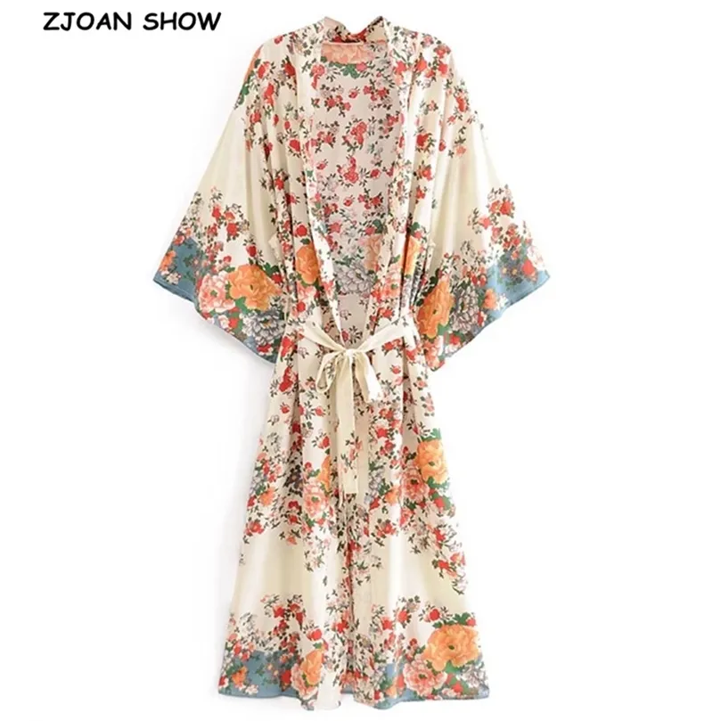 Boho Konumu Çiçek Baskı Uzun Kimono Gömlek Bej Hippi Kadınlar Bağlantı Bow Bow Sashes Uzun hırka gevşek bluz Tatil 220511