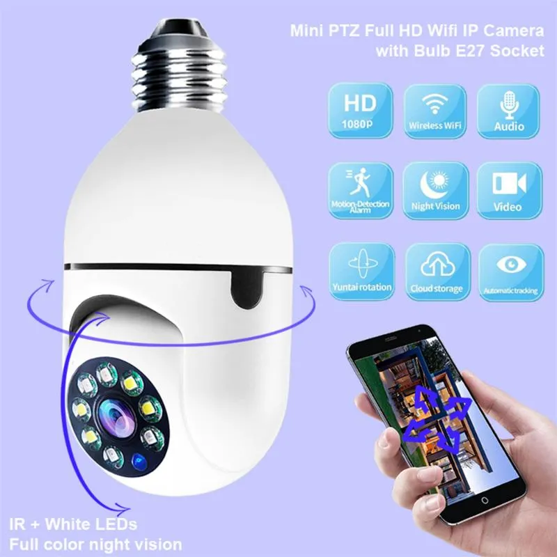 Telecamere 1080P Wireless 360 Ruota Telecamera panoramica Lampadina Auto Tracking Wifi PTZ IP Remote per interfaccia E27 Sicurezza di visualizzazione