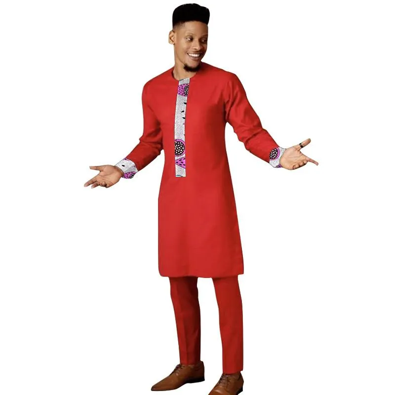 Tute da uomo Rosso / Mix di stampa Camicia da uomo Moda nigrina Patchwork Top con pantaloni solidi Abiti da sposo Festa di nozze africana Famiglia Outf