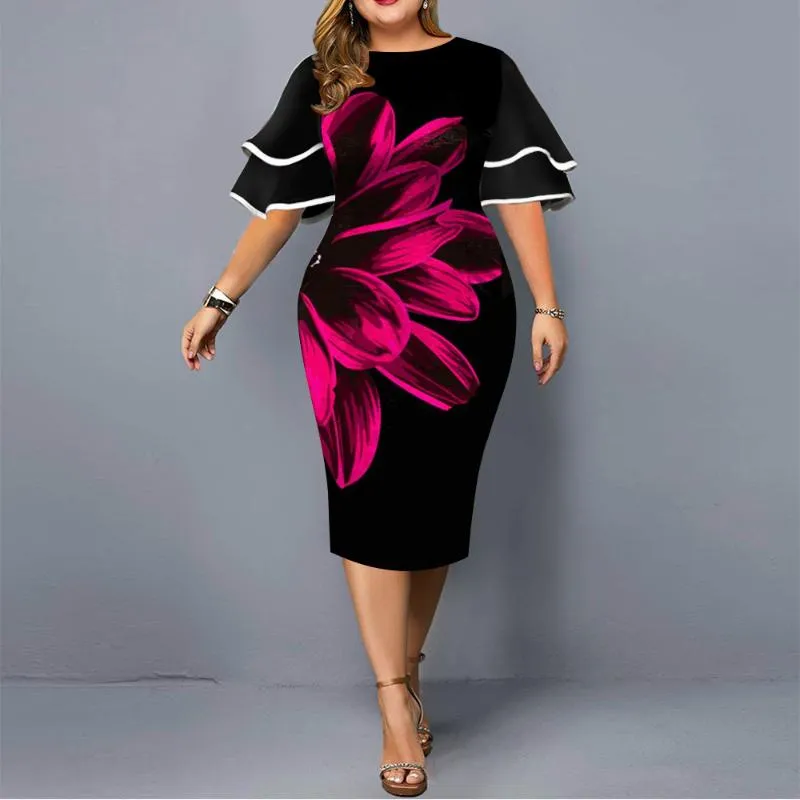 Plus Size Dresses Midi Women Short Sleeve Floral Print Slim Bodycon Pencil Dress Ladies Work Wear Office Party