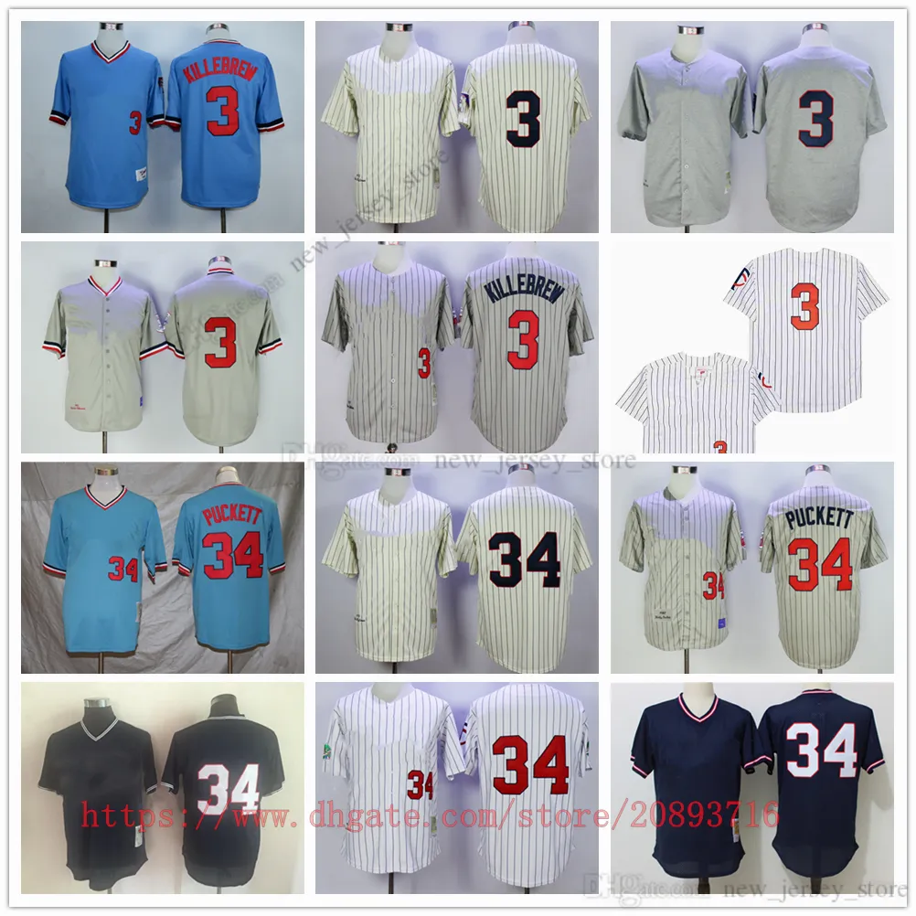 Film Vintage Baseball Jerseys porte cousu 3 HarmonKillebrew 34 KirbyPuckett tous cousus nom numéro extérieur respirant Sport vente maillot de haute qualité