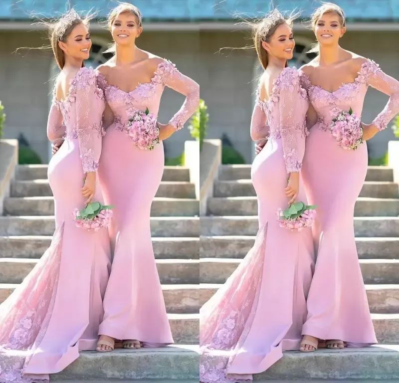 Abiti da damigella d'onore a sirena rosa Abiti in raso maniche lunghe Sweep Train Africano Plus Size Abito da damigella d'onore Paese Abiti da festa di nozze Vestidos