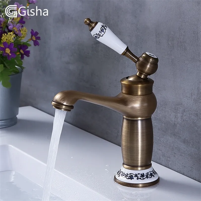 Gisha Bathroom Sink Basin Faucets Contemporary Antique Brass Faucet Mixer Water Tap Rotate Single Handle Hot And Cold Crane T200107