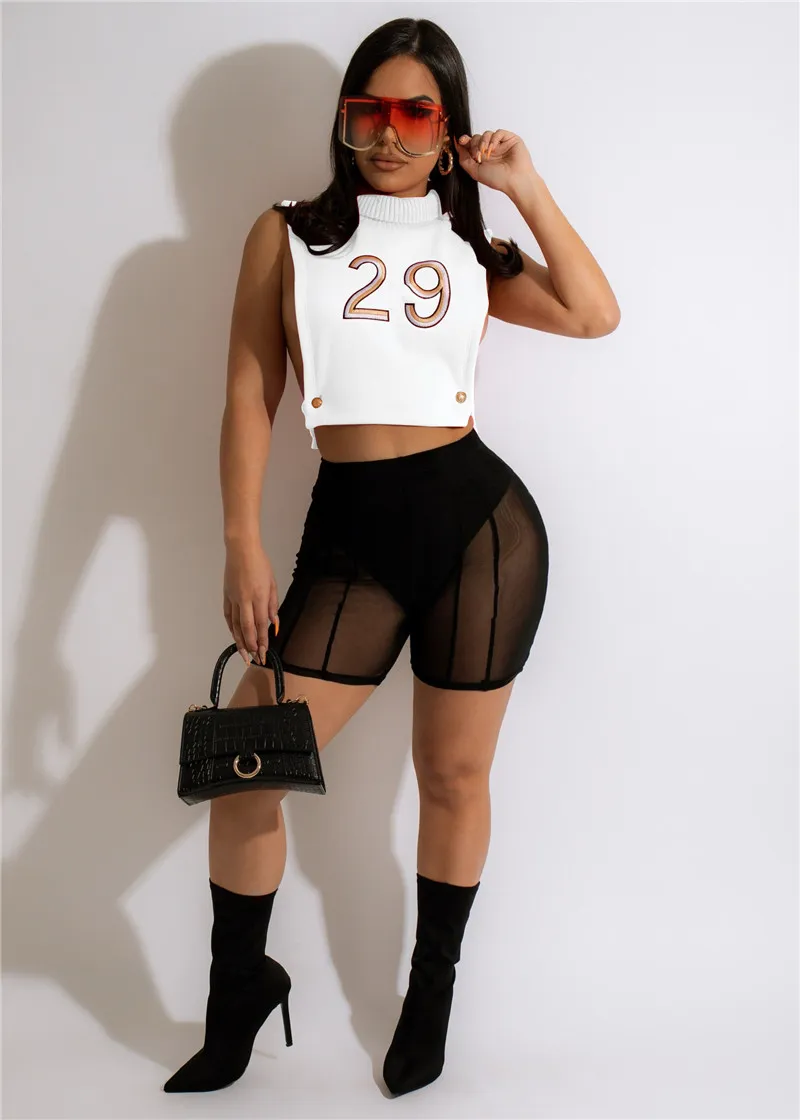 Women Tracksuits Summer Hollow Out Outfits Embroidery Numbers Turtleneck T Shirt+Mesh Shorts Two Piece Set Sports Suits Club Wear 7389