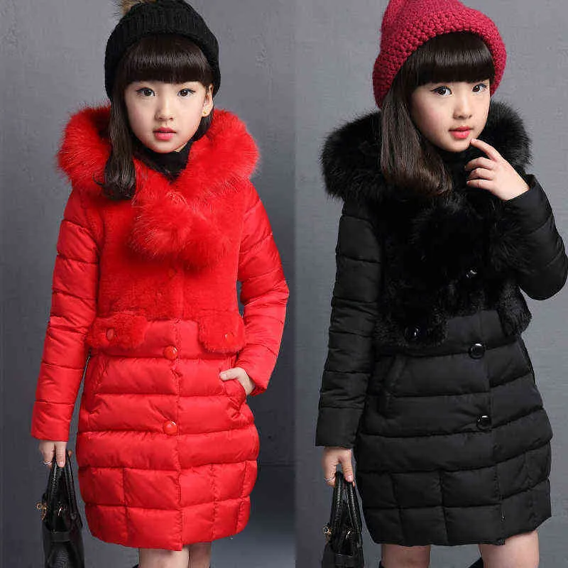 3-12 ans Mode Slim Fit Hiver Adolescent Filles Veste 2 Couleur Col De Fourrure Long Style À Capuche Survêtement pour Enfants J220718