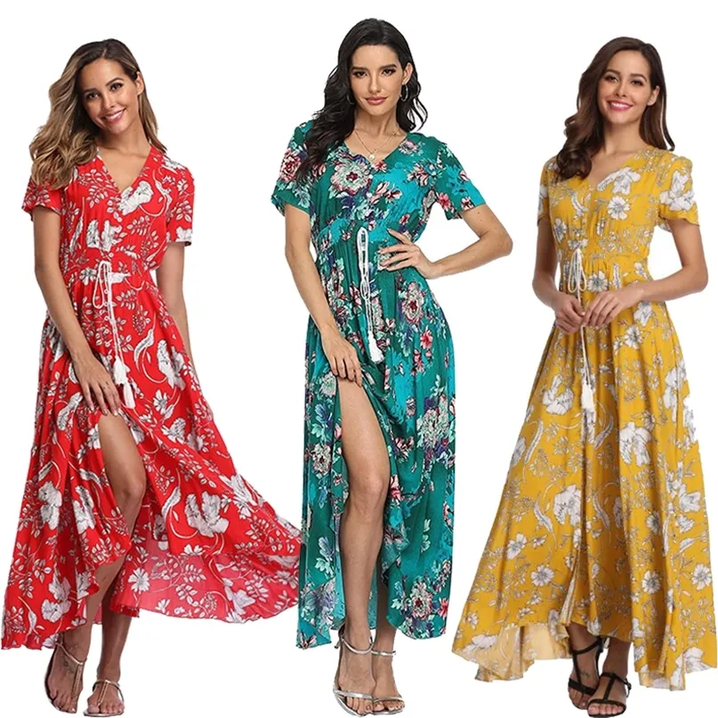 Witbuy boho çiçek baskısı dişi yaz maksi elbise rayon v boynu ile düğmeli çizme ip bel kısa kollu sundress kadınlar için 220516