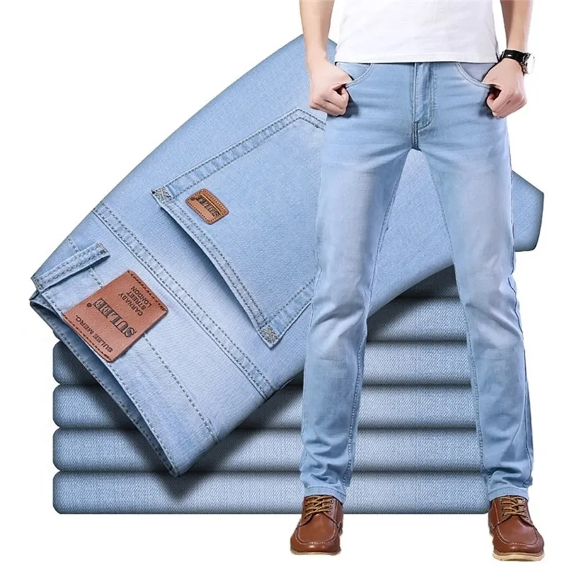 Celana Panjang Pria Denim Katun Lentur Biru Muda Casual Bisnis Jeans Musim Semi Musim Panas Pria Gaya Klasik Top Merek Suree 220817