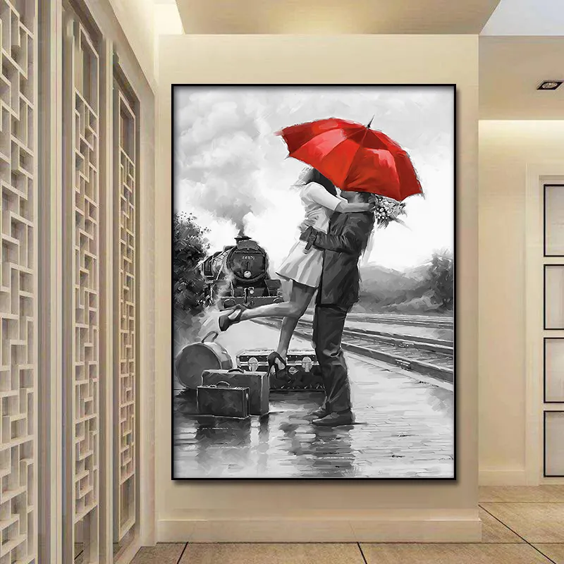 Amanti della pittura a olio astratta in ombrello rosso Poster su tela Stampa artistica da parete Pittura moderna Immagine della decorazione della camera da letto per bambini nordici