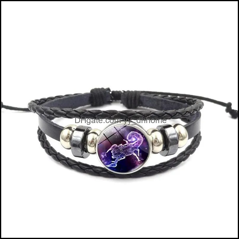 12 constellation jewelry with glass cabochon scorpio gemini zodiac signs bracelet handmade leather bracelet bangle for unisex