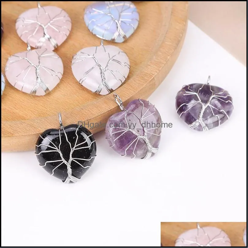 Silver Gold Wire Wrapped Natural Stone Heart Tree of Life charms Pendant Healing Chakra Crystal Amethyst Rose Quartz pendats For DIY Jewelry Making