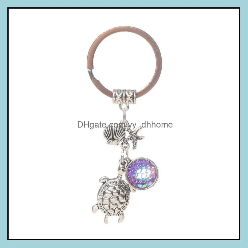 Fashion Drusy Druzy keychain Mermaid Key Rings Tortoise Starfish Fish Scale Charms Keychain Jewelry For women