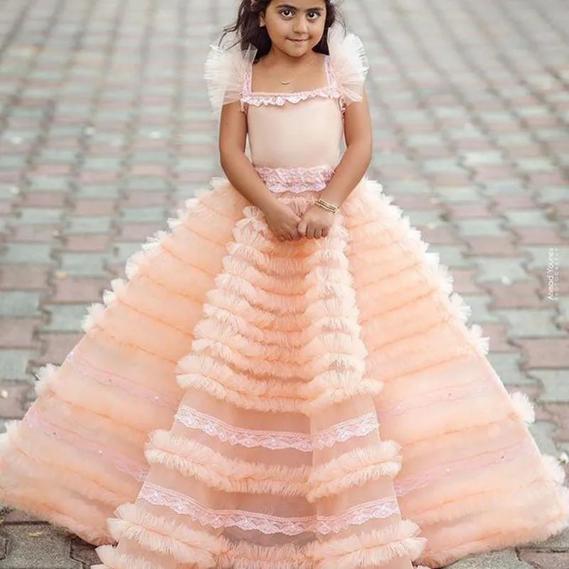 Girl's Dresses Pink Luxurious Flower Girl Wedding Spaghetti Tiers Tulle Lilttle Kids Ball Gown Birthday Pageant GownsGirl's Girl'sGirl's