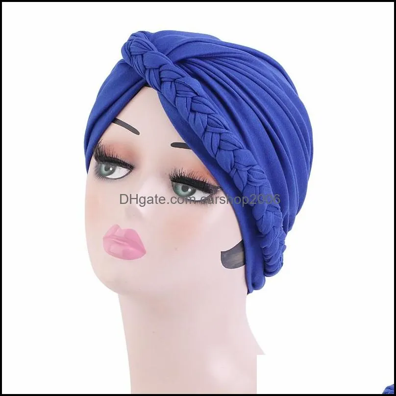 soft cross braids hijabs hats pure color african muslim women`s wraps turban cap beanies fashion hair loss chemo bonnet