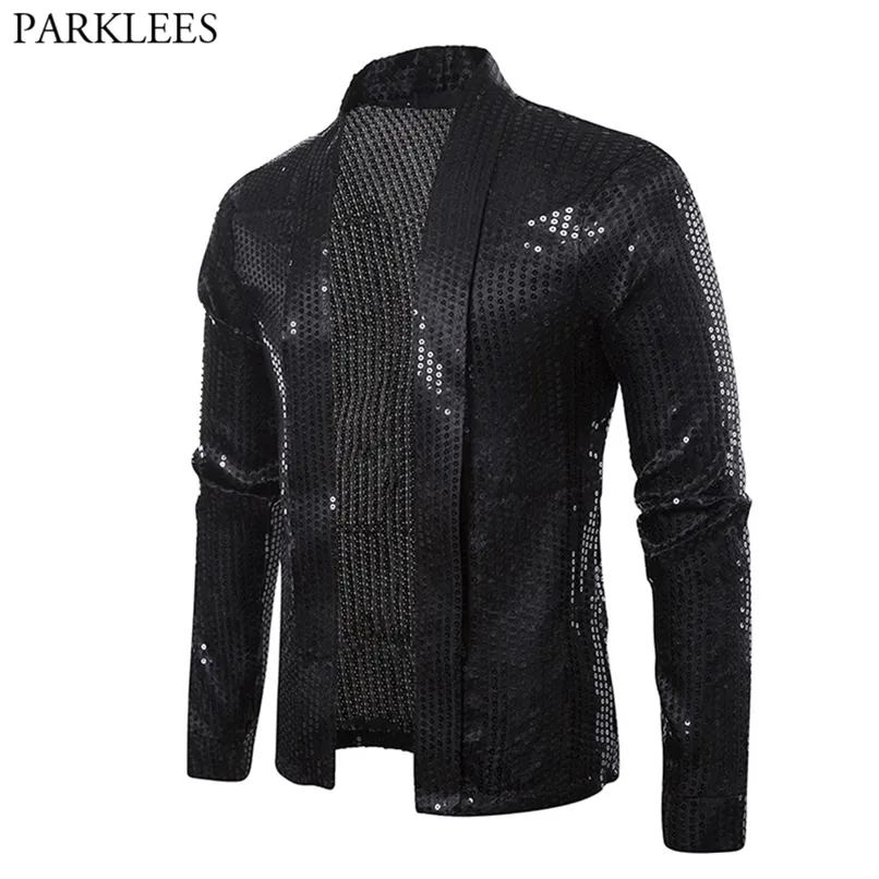 Paillettes noires Street Cardigan Blazer Hommes Disco Dancer Club Party Blazer Veste Mâle Casual Hip Hop Swag Vêtements pour Hipster Hommes 220812