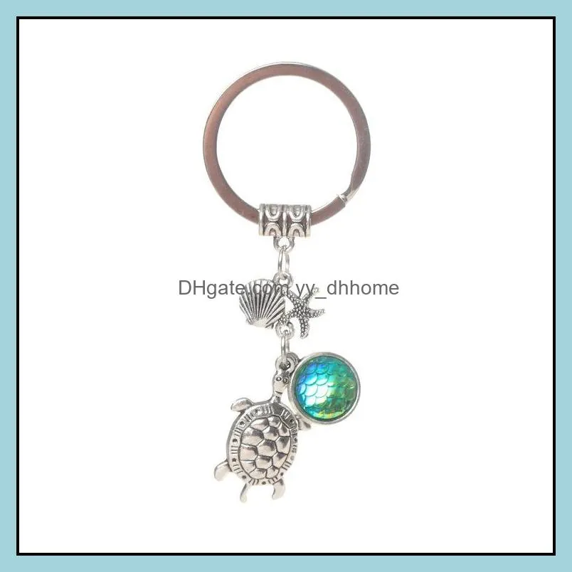 Fashion Drusy Druzy keychain Mermaid Key Rings Tortoise Starfish Fish Scale Charms Keychain Jewelry For women