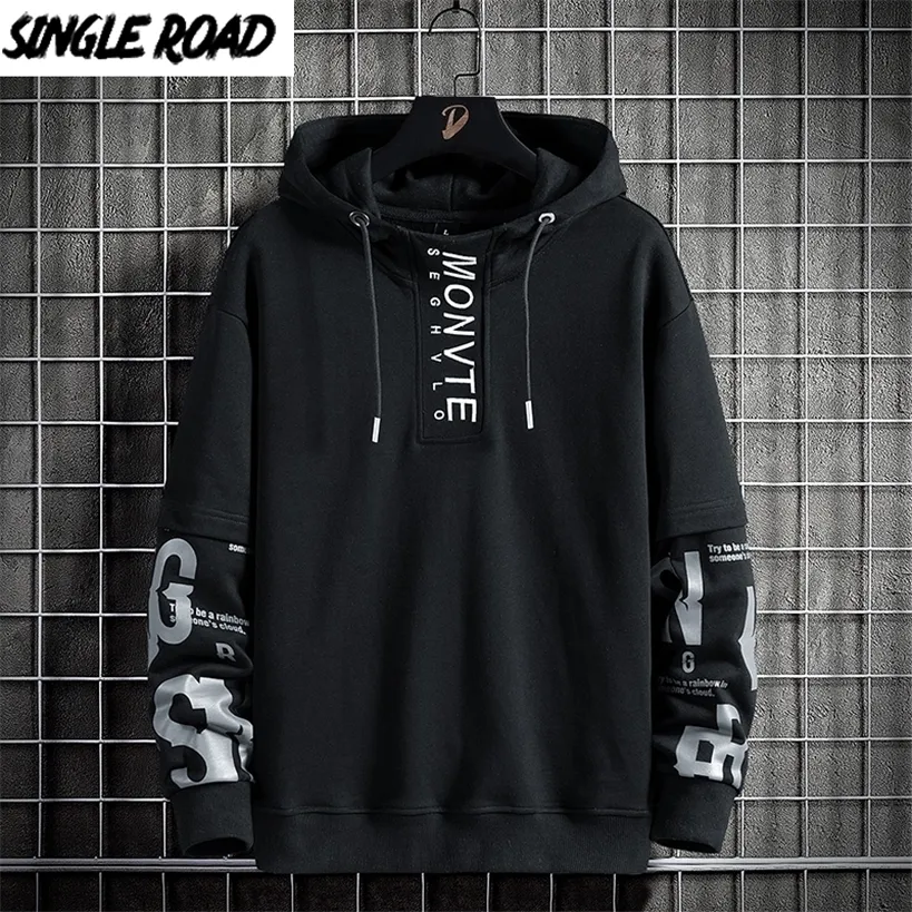 Single Road Mens Hoodies Patchwork Mode Harajuku Sweatshirt Hip Hop Japanse Streetwear Casual Black Oversized Hoodie 220325