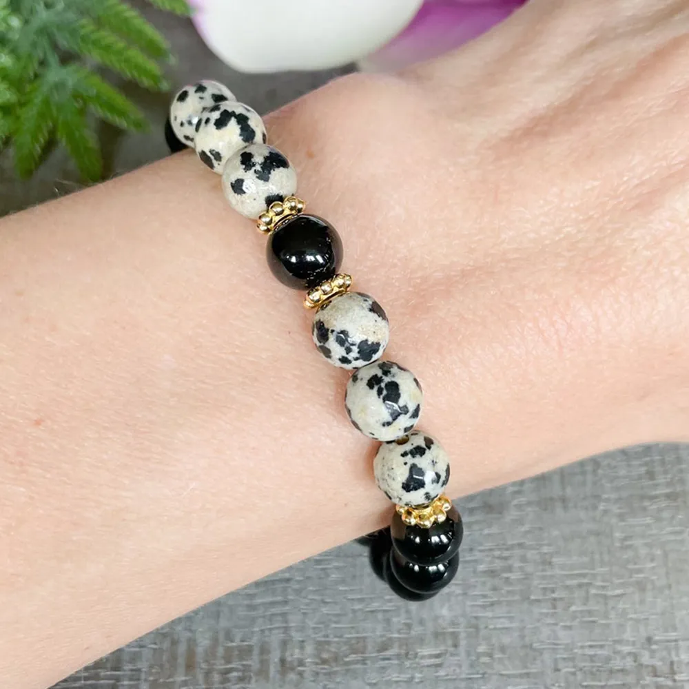 MG1503 Bracciale con perline di tormalina nera e diaspro dalmata Bracciale con cristalli curativi con pietre preziose Mala per Negative301y