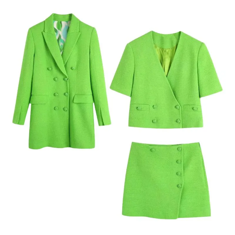 Robes de travail femmes 2022 Chic texturé à manches courtes Blazer mode rétro col en v femme veste boutons décoré Mini jupe SetWork