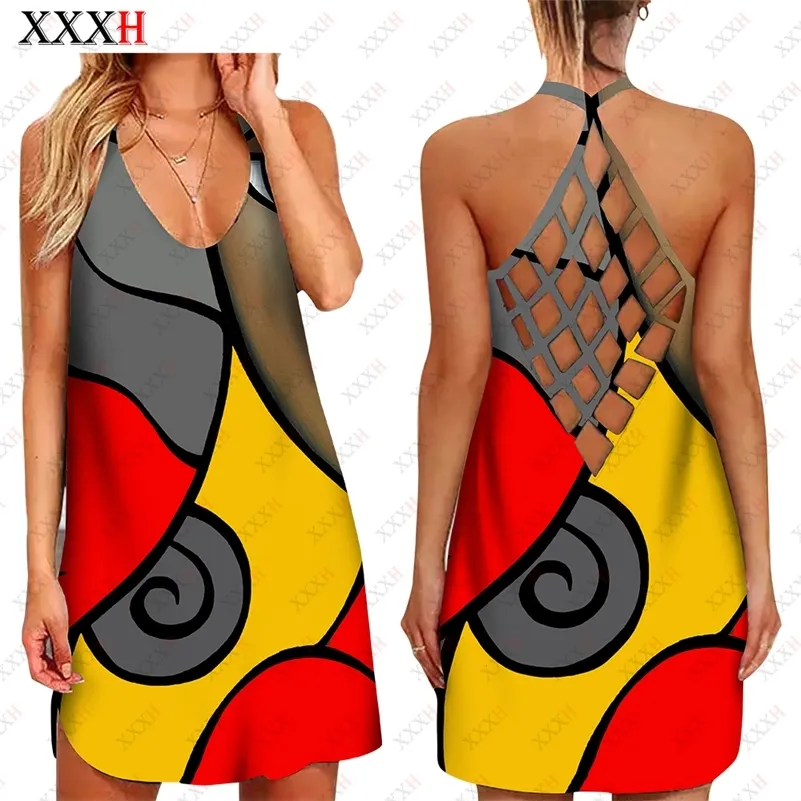 XXXH Frauen 3D Gedruckt Mehrfarbige Nähte Hohl Hosenträger Rock Sexy Casual Mode Weibliche Ärmelloses Kleid Y2k Streetwear 220713