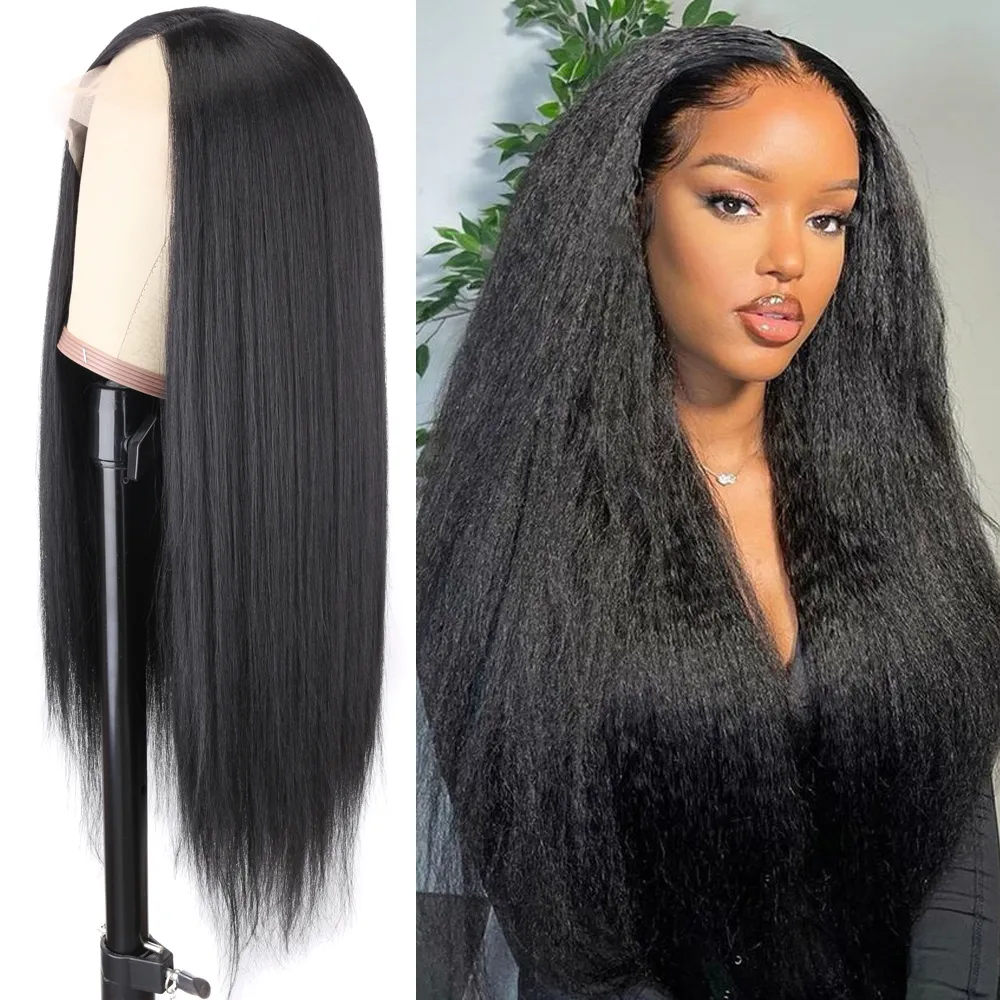 Yaki Front – perruque synthétique noire naturelle, cheveux longs et lisses, crépus, Lace Frontal, pour femmes