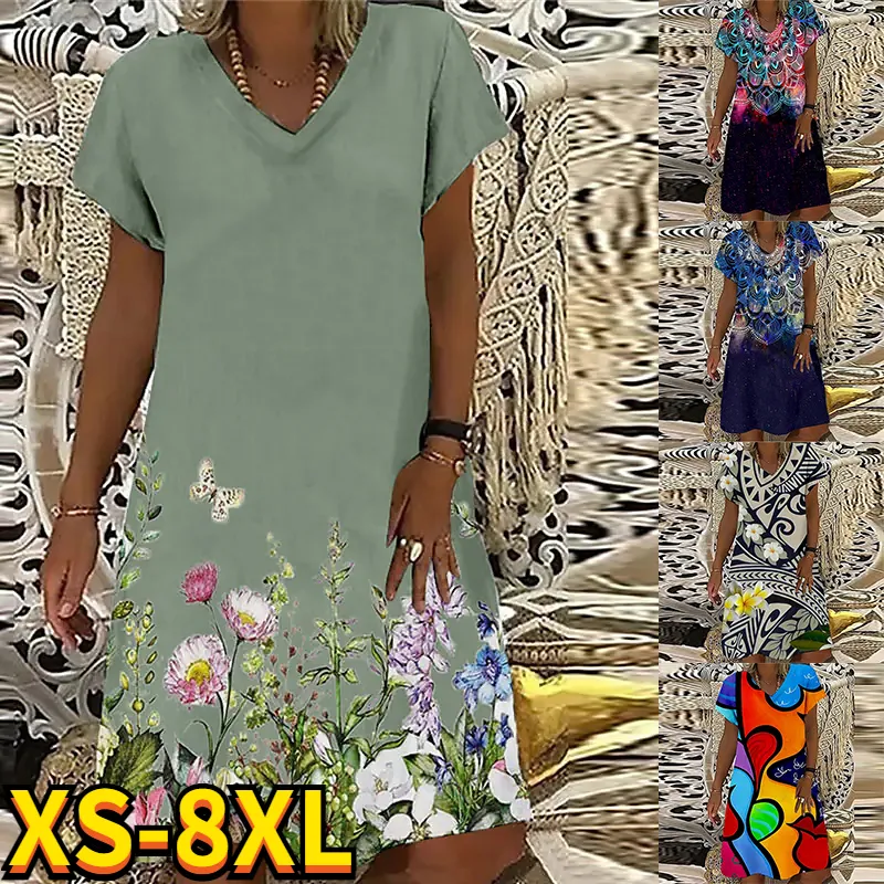 Sommer Damen abstraktes 3D-gedrucktes Gemälde-Kleid mit V-Ausschnitt, modisches, lässiges Design, weiblich, Blau 220713