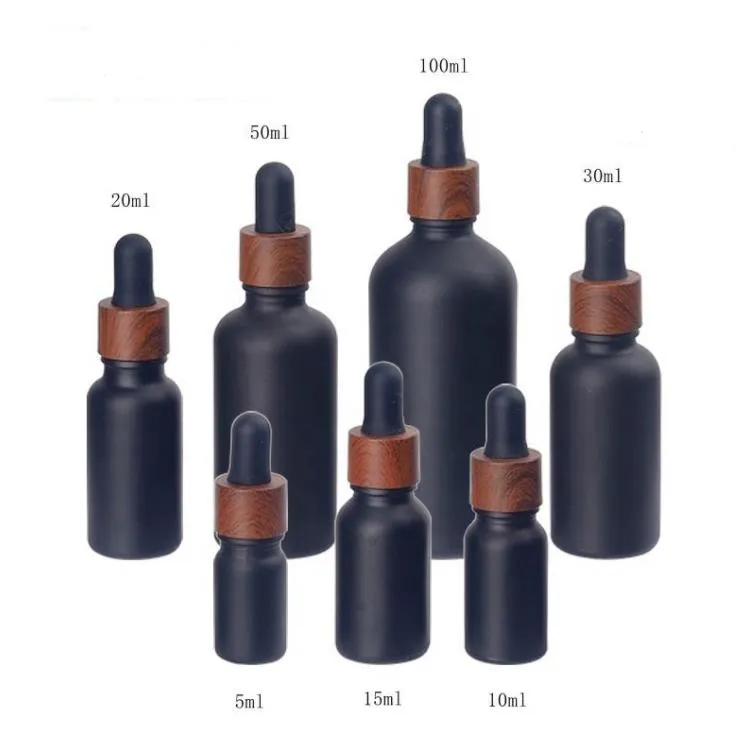 Flaconi contagocce in vetro smerigliato nero Flacone per profumi di olio essenziale con tappo in plastica a grana di legno da 5 ml a 100 ml SN4568