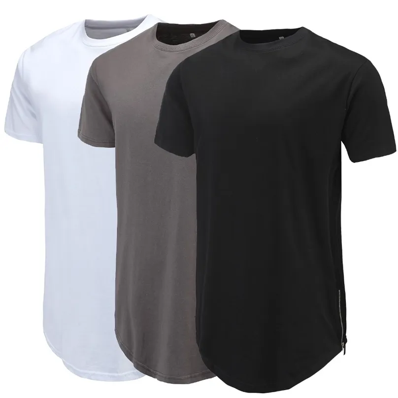 Männer Casual T-Shirt Kurve Saum Seite Mit Reißverschluss Kurzarm Streetwear Lange linie Hip Pop Stil Tops Mode Verlängern Swag T 220408