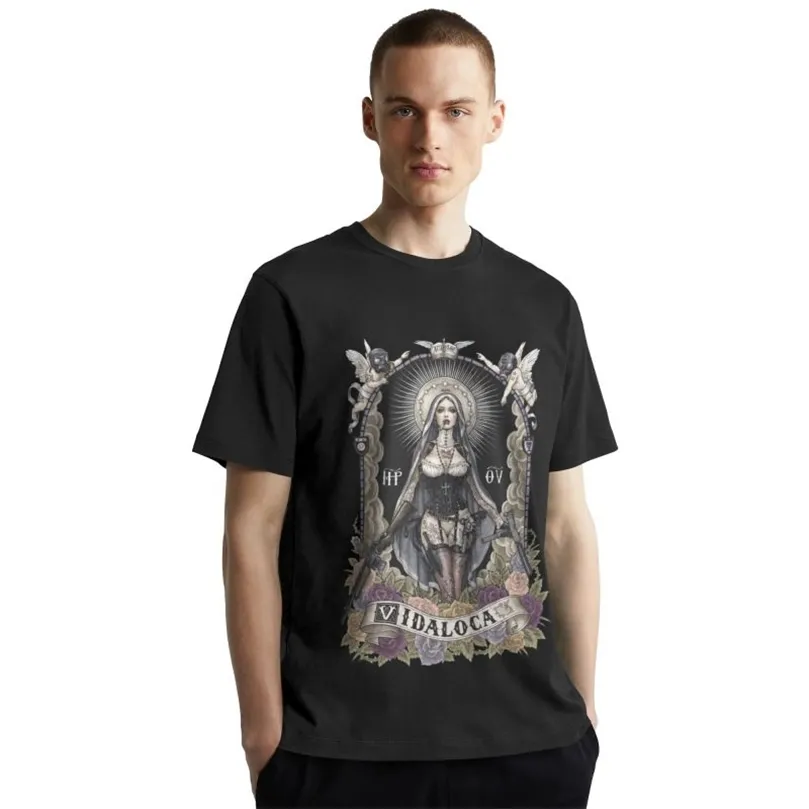 Santa Muerte Camiseta Homens Algodão Senhora da Santa Morte Crânio Mexicano Camiseta Gráfico Tee Tops Manga Curta Streetwear Moda Camiseta 220629