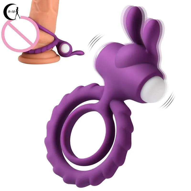 Soft Silicone Dual Vibrating Delay Ejaculation Cock Ring Dick Penis Cockring Adult sexy Toys with Rabbit Ears for Couples