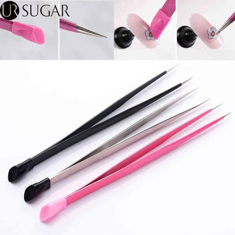 NXY Nail Gel Tweezers with Silicone Pressing Head for Sticker Rhinestones Picker Straight Curved Manicuree Art Tool Stainless Steel 0328