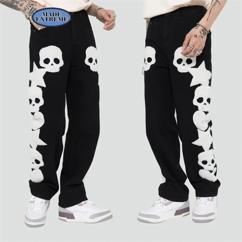Blackair schedels patroon baggy jeans skeleton borduurwerk voor mannen hiphop High Street Cargo Black Dy815 220328