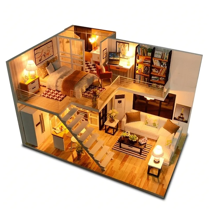 Cutebee DIY Dollhouse Kit Apartment Loft Wooden Miniature Doll Houses With Furniture LED Lights for Children Birthday Gift 220720