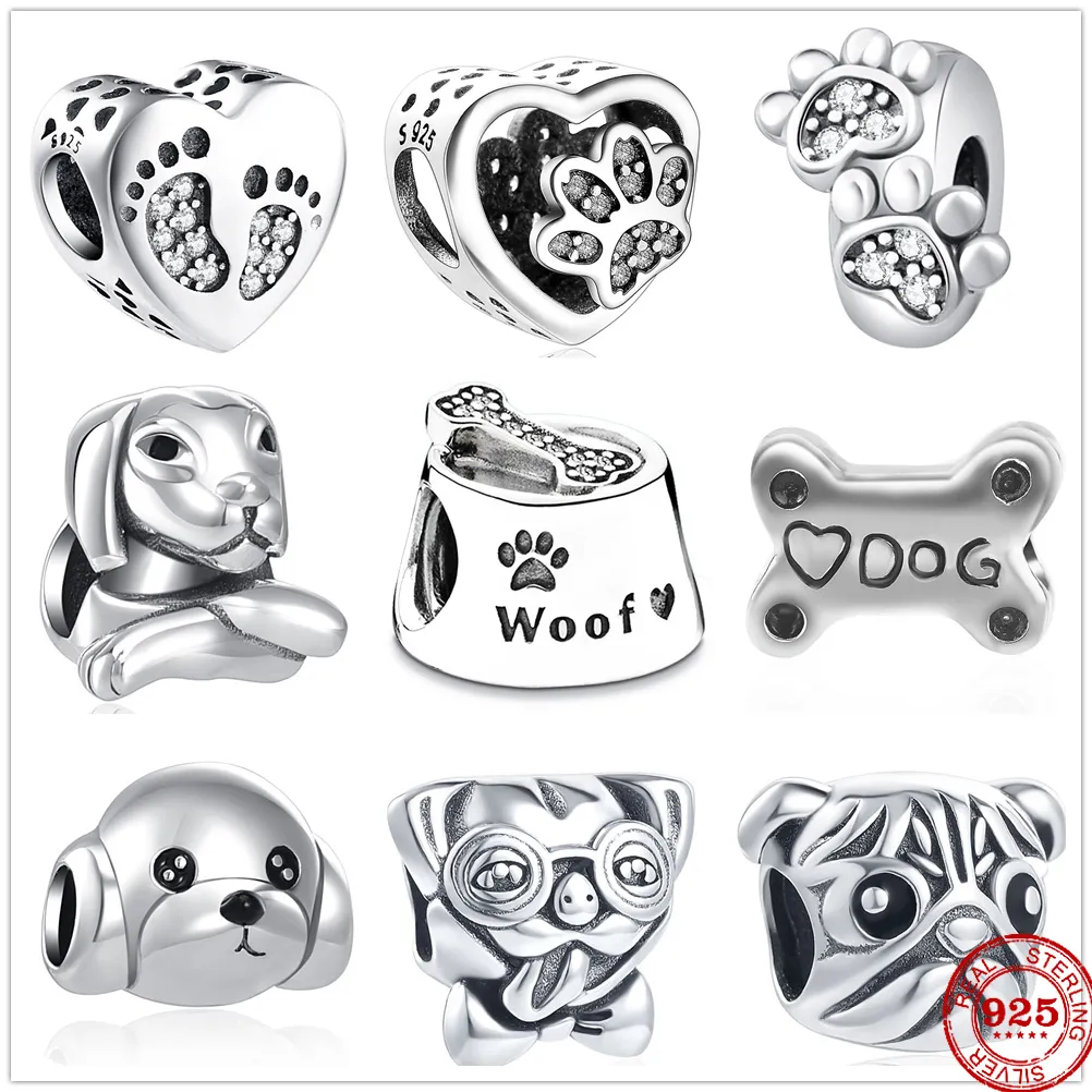 925 Silver Charm Beads Dangle New Sweet Dog Footprint Paw Bones Meow Woof Bead Fit Pandora Charms Bracelet DIY Jewelry Accessories