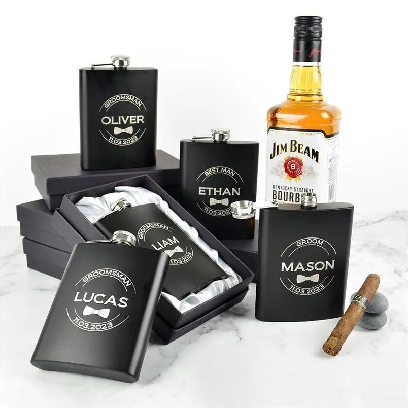 Individuell graviertes 6-Unzen-8-Unzen-Flachmann-Set aus schwarzem Edelstahl für Männer, Geschenk, Matt, Whisky-Flagon, tragbare Weinflasche für Vater 220707