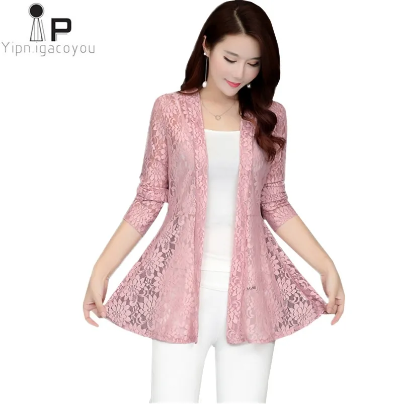Long Lace Coat Cardigan Summer Femme Pink Net Yarn Hollow Out Sun Clothes Shawl Women Coats Elegant Black Jacket Top 220722