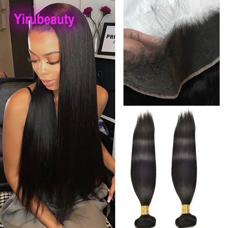 Cabelo humano malaio virgem hd 13x4 renda frontal com 2 pacotes de cabelo de bebê parte livre reta e sedosa