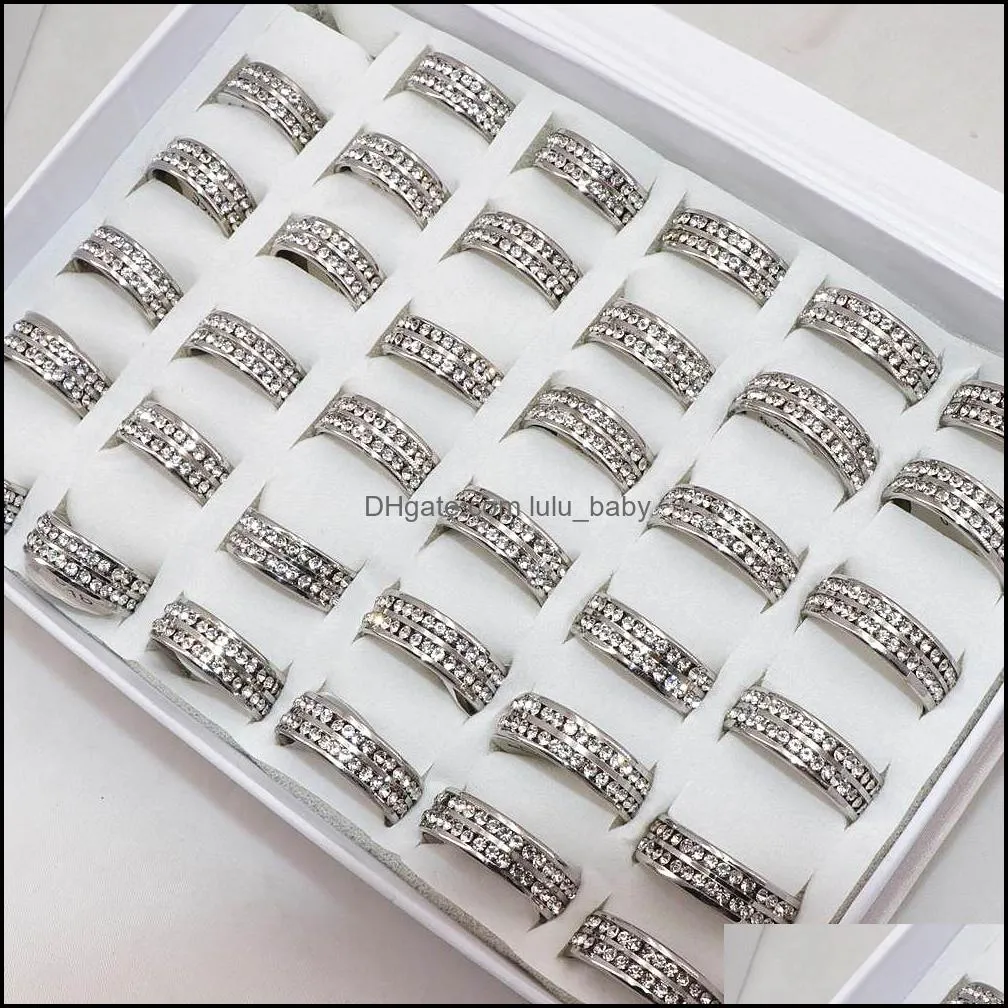 wholesale 36pcs rings 2color mix color double rhinestone stainless steel ring mens polished inside