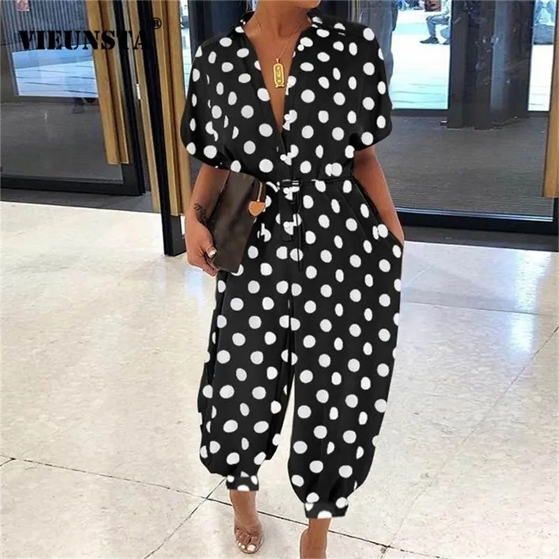 Dames Retro Luipaardprint Knop Jumpsuit Zomer V-hals Korte mouw Speelpakje Elegant Kantoor Dame Rompertjes Strand Overalls Zakken 220725