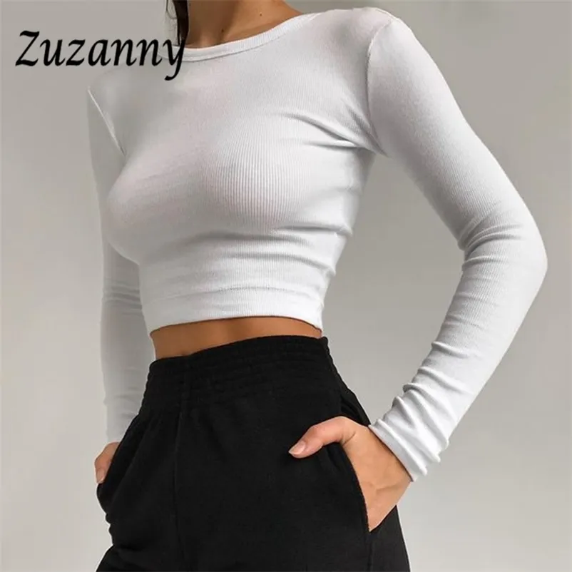 Zuzanny O Neck Long Sleeve Shirt Women Ribbed Sexy Cropped Tops Spring Black Casual Skinny Slim Basic Woman T Shirts White 220714