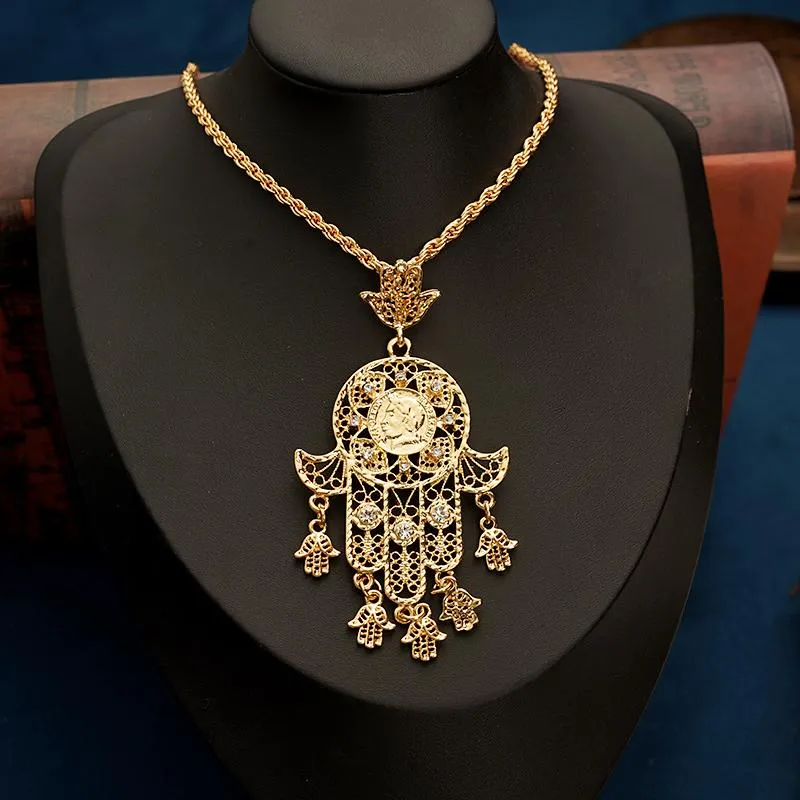 Hänge halsband Fatima handkristallhalsband guldplätering långkedjiga glidhängen för kvinnor arabiska kungliga brud juvelrypendant