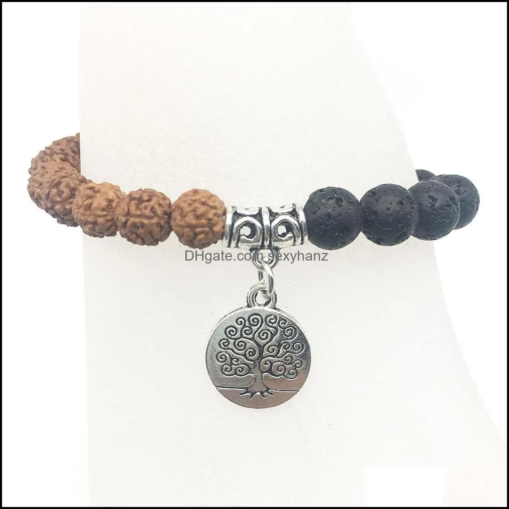 SN1310 Women`s Tree of Life Bracelet Natural Lava Stone Bracelet Balance Meditati Healed Rudraksha Bracelet Jewelry Wholesale