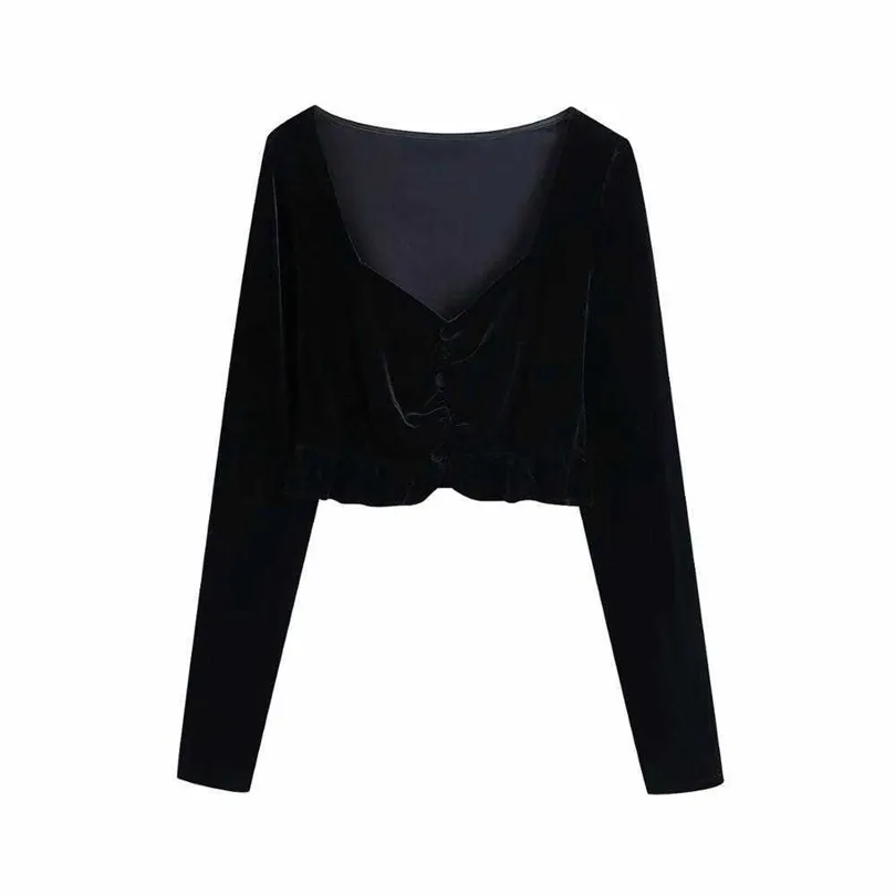 Women Velvet Crop Top V-neck Ruffled Hem Gathered Detail Casual Chic Sexy Cropped Tops Woman Clothes 210709